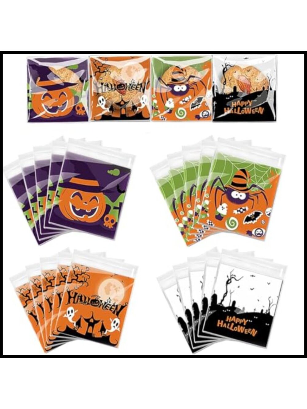 100Pcs Halloween Candy Bags Self Adhesive Treat Bags for Trick or Treat, Party